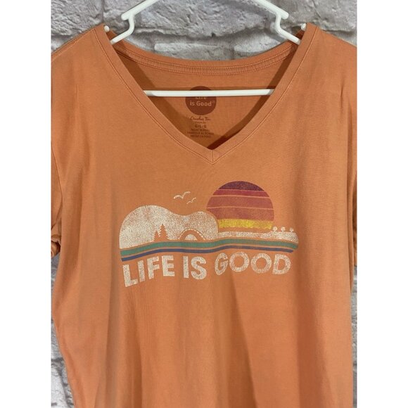 Life is Good V Neck Crusher Tee Shirt Guitar Music Sunset Classic Peach Orange L - Picture 2 of 8